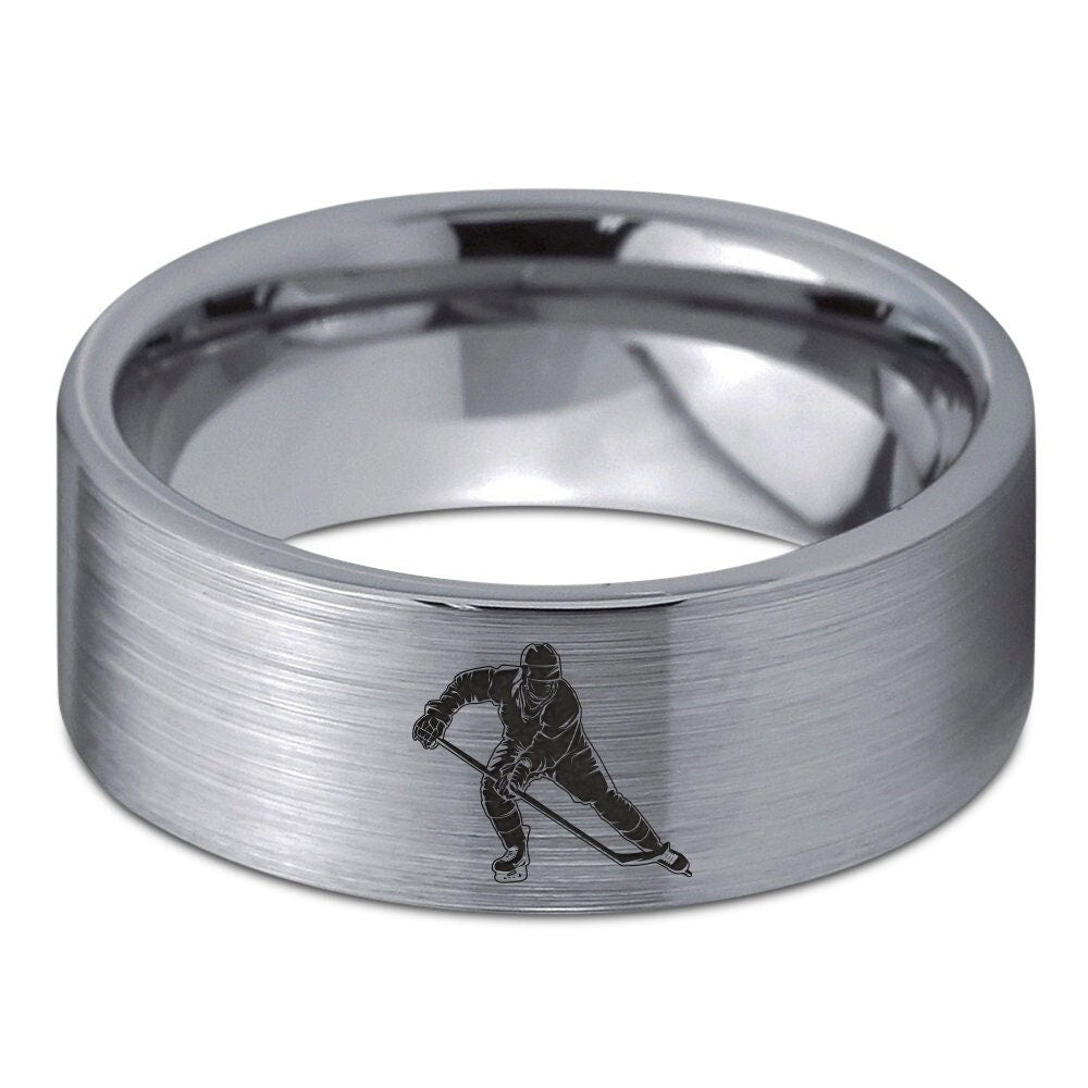 Ice Hockey Player Gifts, Flat Cut Wedding Band, Tungsten Rings For Men, Engraved Ring, Silver Gray Ring, Gifts For Dad, Gifts For Boyfriend