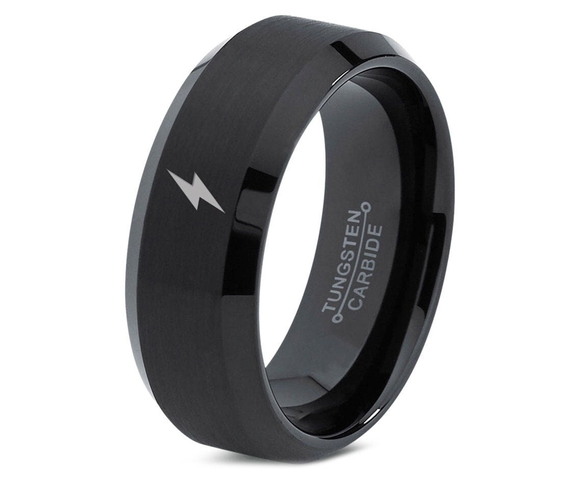 Mens Ring,Lightning Bolt Ring,Bevel Wedding Ring,Black Tungsten Ring,Promise Ring,Customized Ring,Wedding Gift,Valentines Gifts For Him