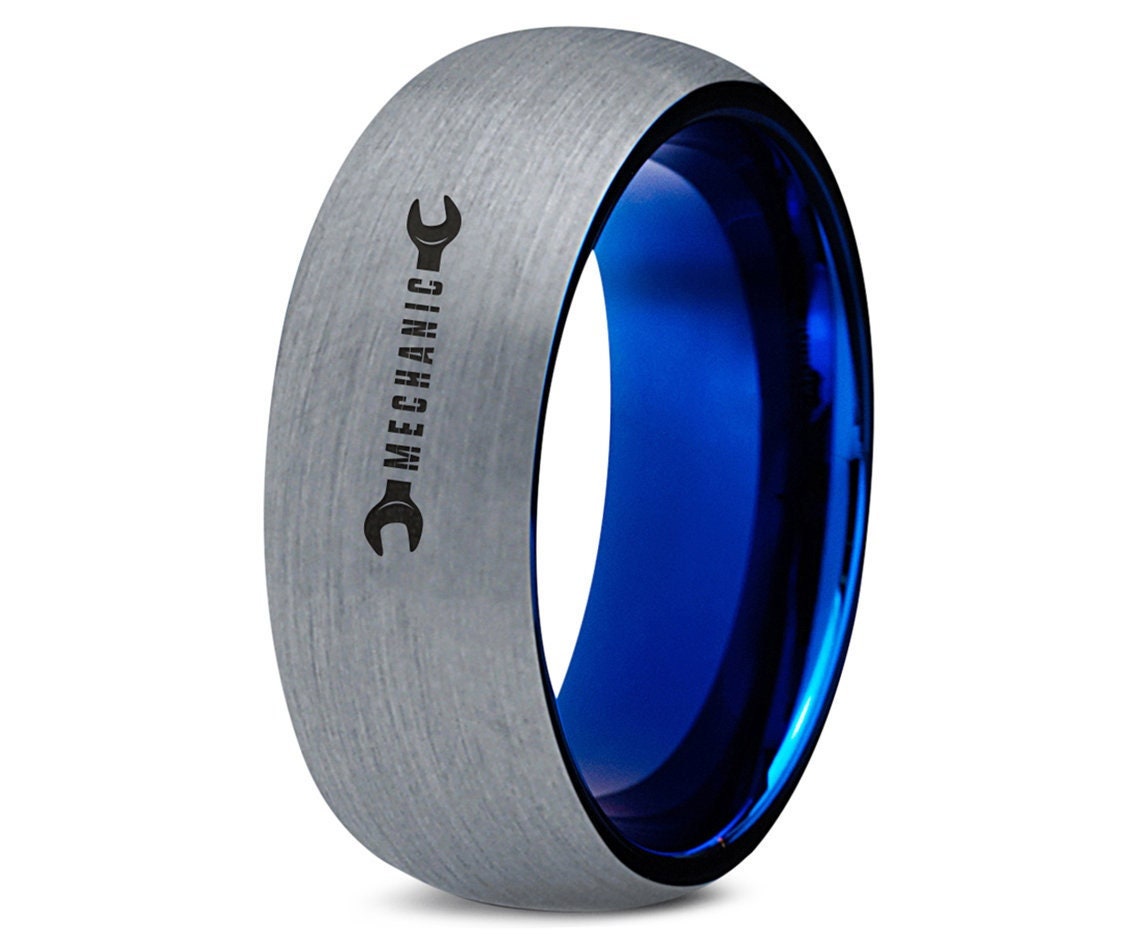 Mechanic Wrench Ring - Blue Wedding Rings For Men - Awesome Tungsten Ring - His and Her Ring - Silver Dome Engraved Ring - Engagement Ring