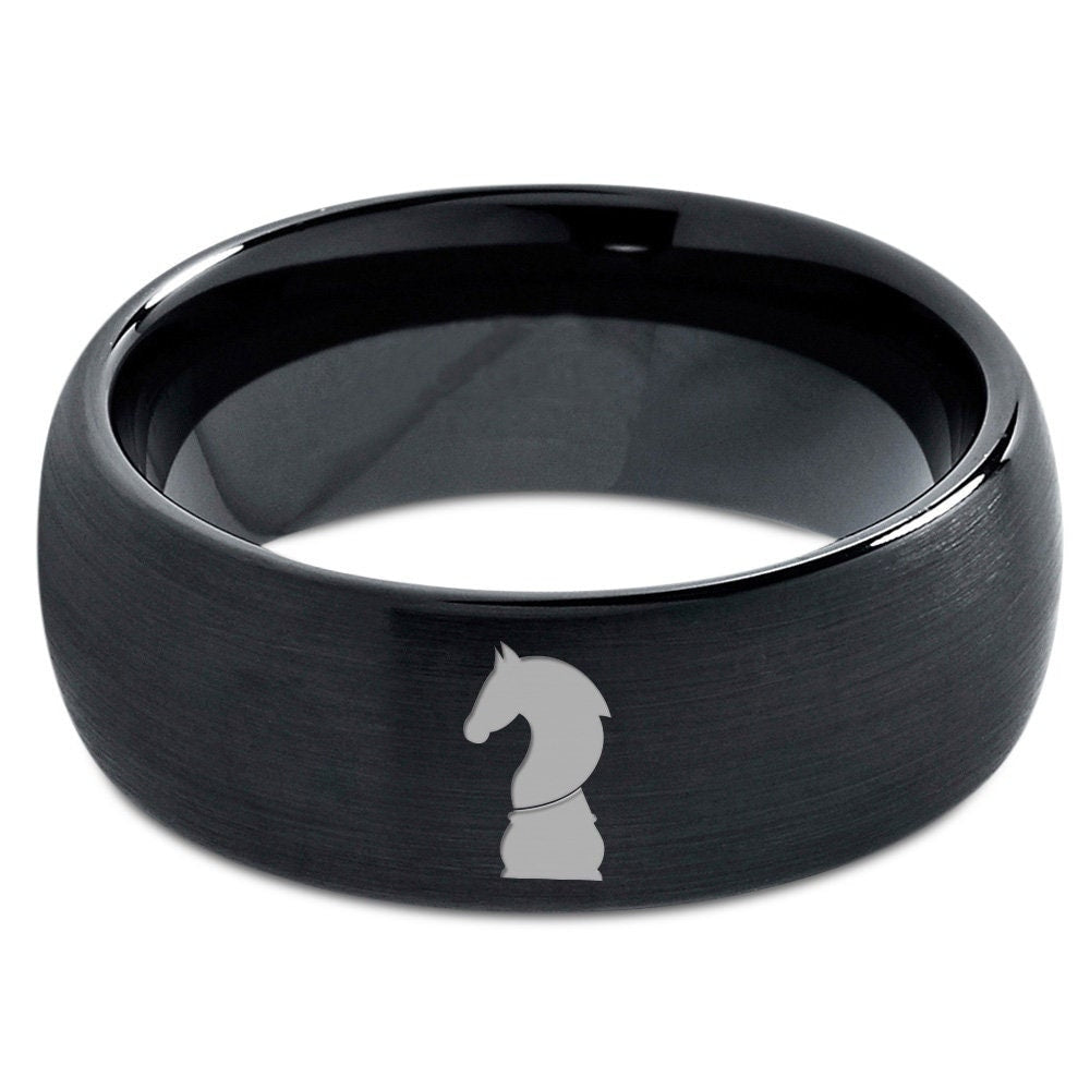 Black Chess Horse Ring - Black Wedding Bands Sets - Tungsten Rings For Men - Black Metal Ring - Engraved Ring - 8mm Engagement Rings