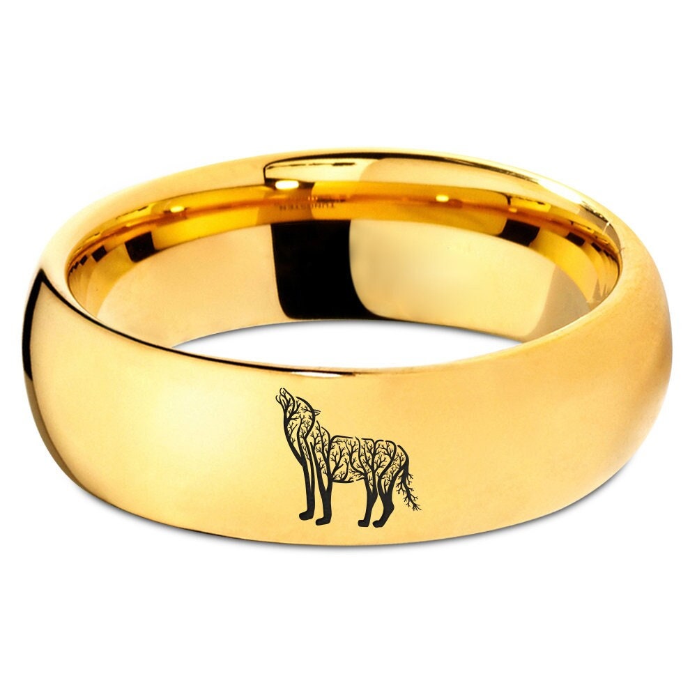Wolf Tree Ring - Tungsten Men Wedding Band - Tungsten Gold Rings For Women - Engraved Ring - His an Her Ring - Birthday Gifts For Women