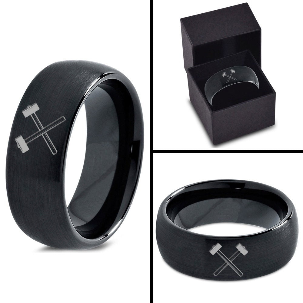Mallet Hammer Ring, His and Hers Wedding Ring, Tungsten Rings For Men, Black Brushed Ring, Laser Marking Ring, Anniversary Gifts Husband
