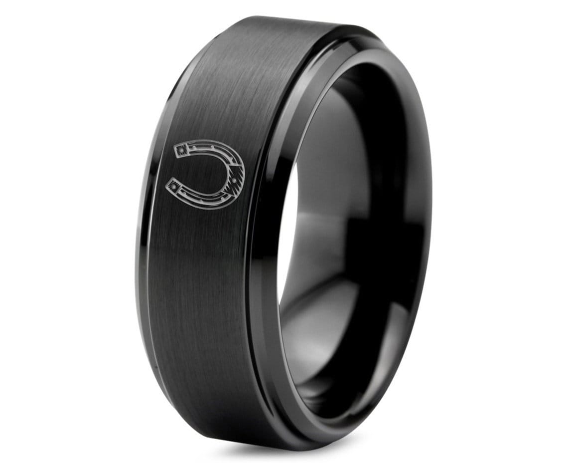 Race Horse Shoe Ring - Black Wedding Band - Simple Tungsten Ring - Personalized Gifts - Best Friend Gift - Unisex Ring - Free Shipping