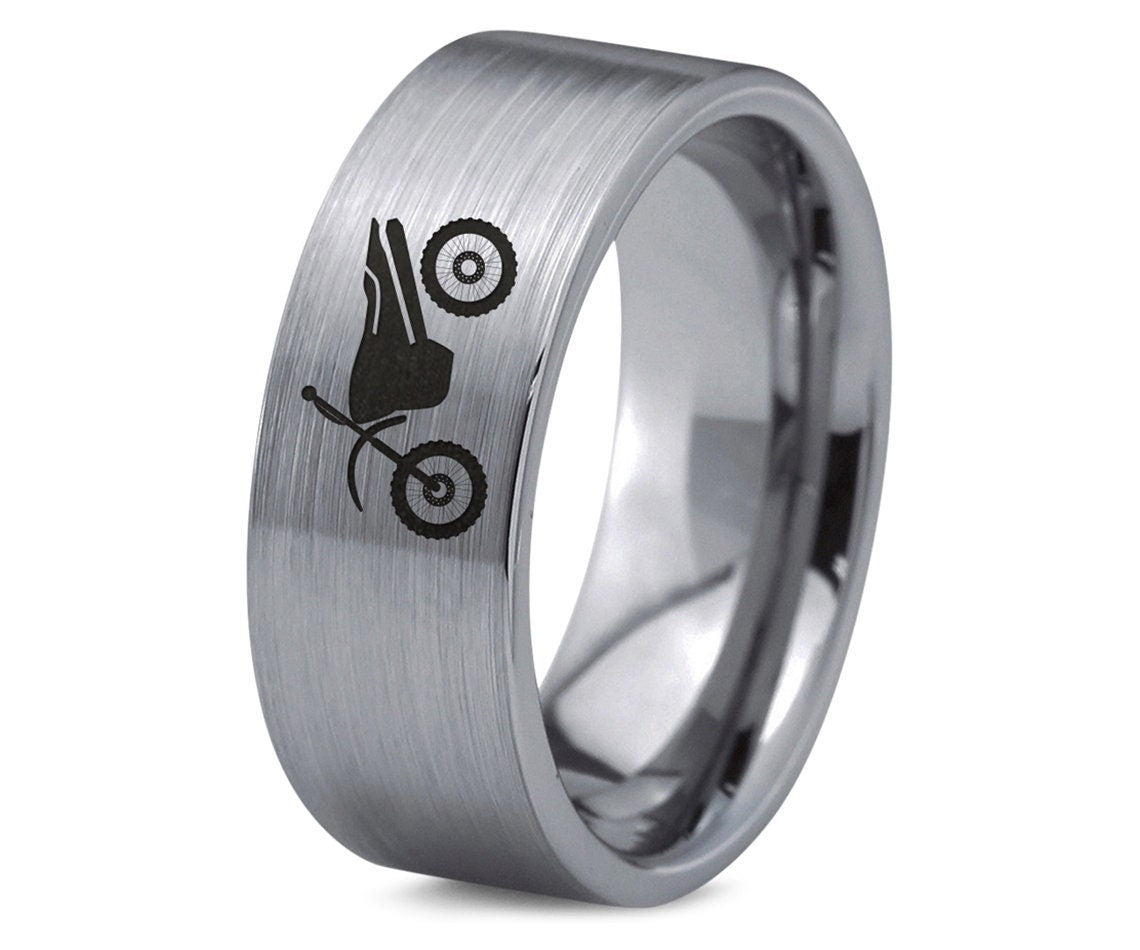 Climb Race Bike Ring | Mens Wedding Band Tungsten | Flat Silver Gray Ring | Personalized Gift For Him | Laser Engraved Ring | Comfort Fit