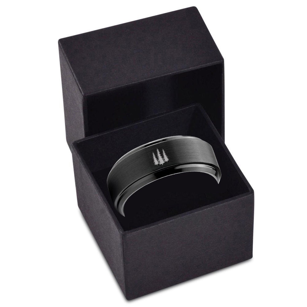 Snowy Fir Tree Forest Ring, Men'S Wedding Ring, Black Tungsten Band, His and Her Ring, Anniversary Gifts For Boyfriend, Free Shipping