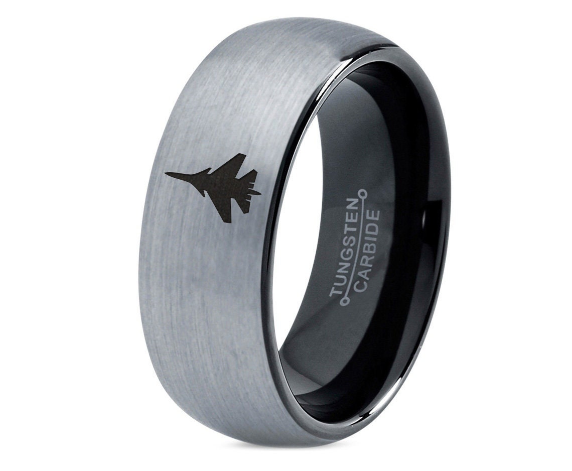 Military Fighter Aircraft Ring - Men Wedding Bands - Black Tungsten Ring - Womens Ring Silver - Engraved Ring - Unique Engagement Rings