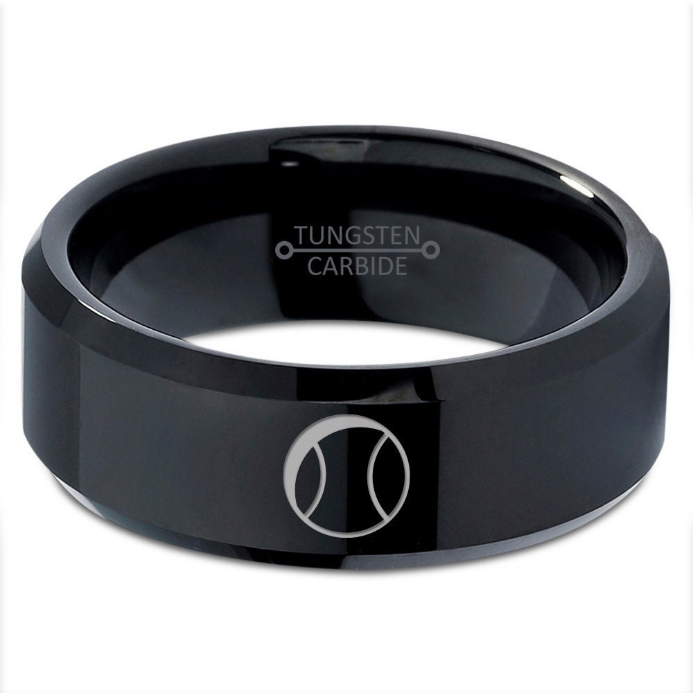Tennis Ball Symbol Ring,Mens Wedding Band Bevel,Tungsten Ring Band,Mens Black Polished Ring,Anniversary Gifts,Gift For Athlete,Free Shipping