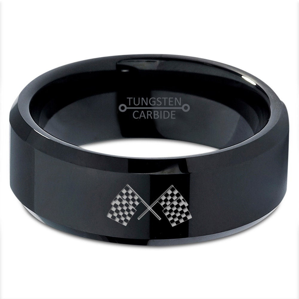 Racing Checkered Flag Ring - Women Wedding Bands Black - Domed Polished Tungsten Ring - Ring For Racer - Gifts For Her Rings - Free Shipping
