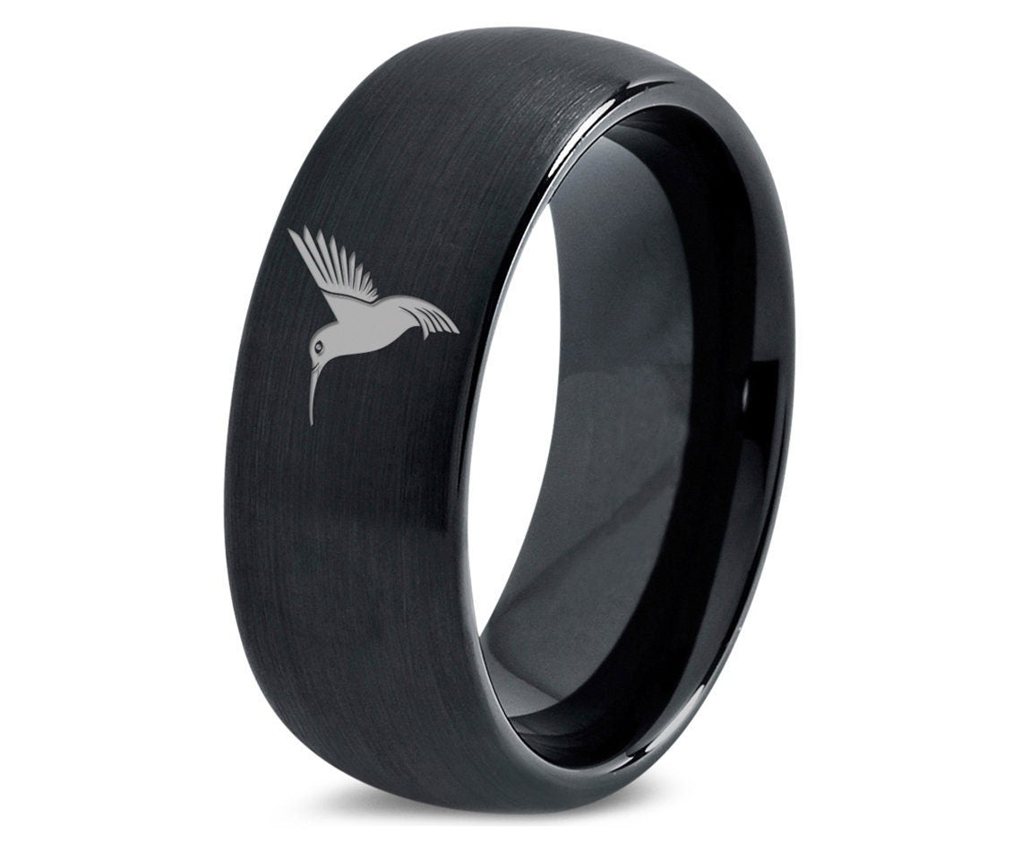 Humming Bird Ring, Black Mens Wedding Ring, Dome Black Tungsten, Unique Ring, Wedding Rings For Women, Gift For Daughter, Free Shipping