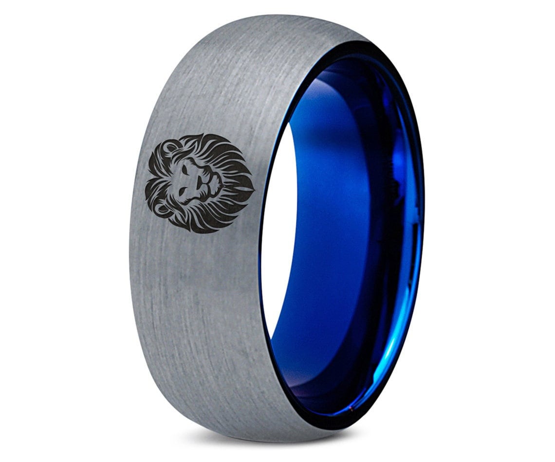 Lion Lioness Leo Tungsten Rings - Mens Wedding Band - Gray Tungsten Band - Blue Promise Ring - Gifts For Boyfriend - Best Gifts For Him