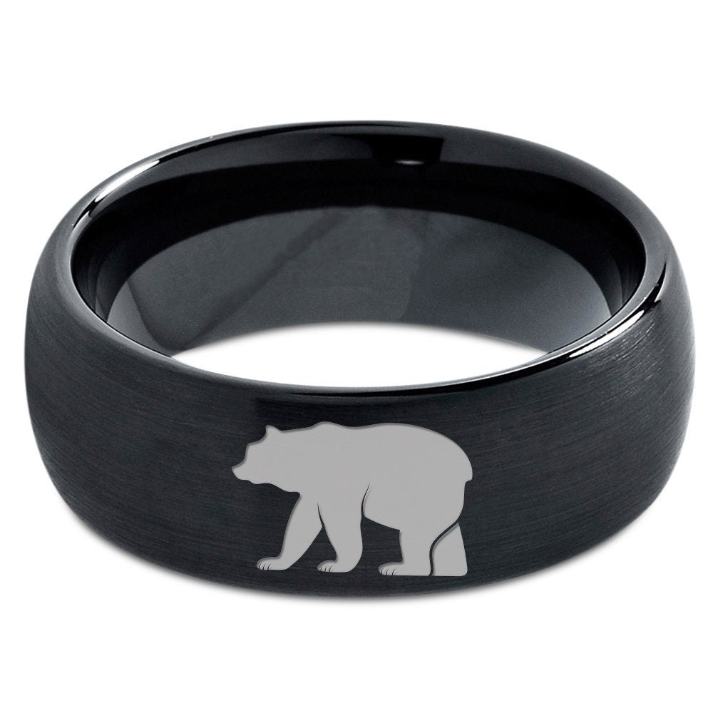 Mens Bear Walking Ring | Engraved Wedding Bands Black | Tungsten Rings For Men | His and Her Gifts | Matching Couple Ring | Ring For Husband