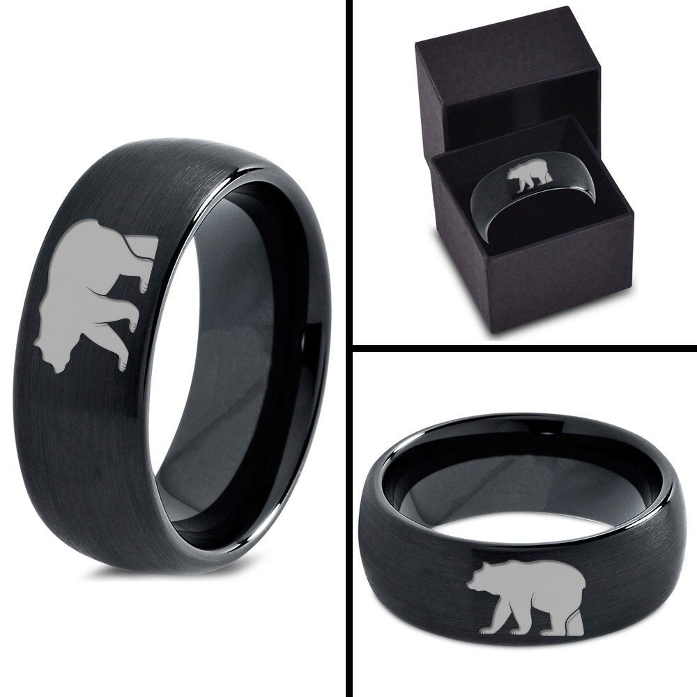 Mens Bear Walking Ring | Engraved Wedding Bands Black | Tungsten Rings For Men | His and Her Gifts | Matching Couple Ring | Ring For Husband