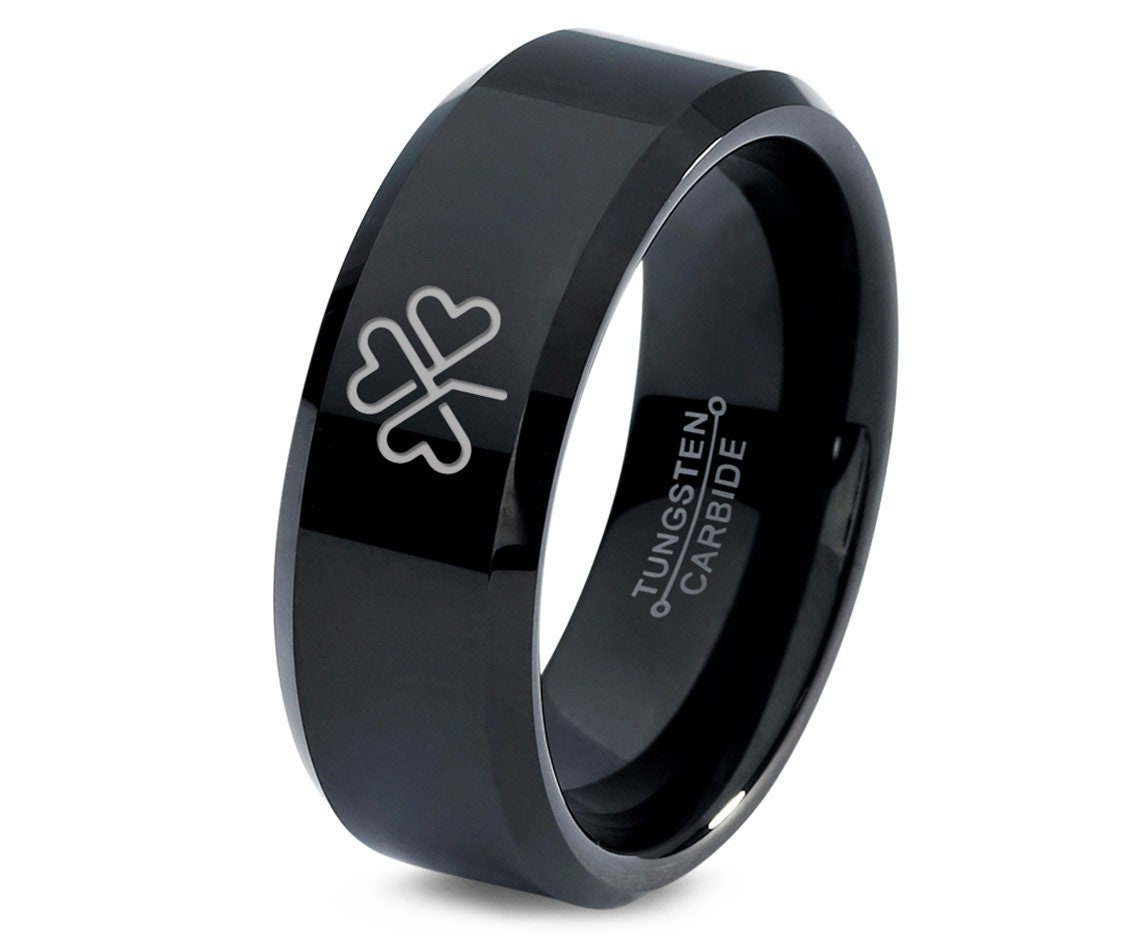 Lucky Shamrock Leaf Ring - Heart Love Ring - Women Wedding Ring - Black Tungsten Carbide Rings For Men - Women Rings - Girlfriend Gift Ideas
