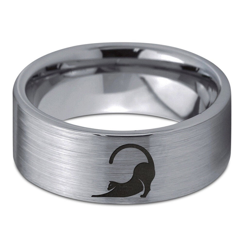 Family Animal Pet Cat Ring | Men Wedding Ring Silver | Tungsten Carbide Engagement Rings | Flat Cut Gray Brushed Ring | Unisex Gifts