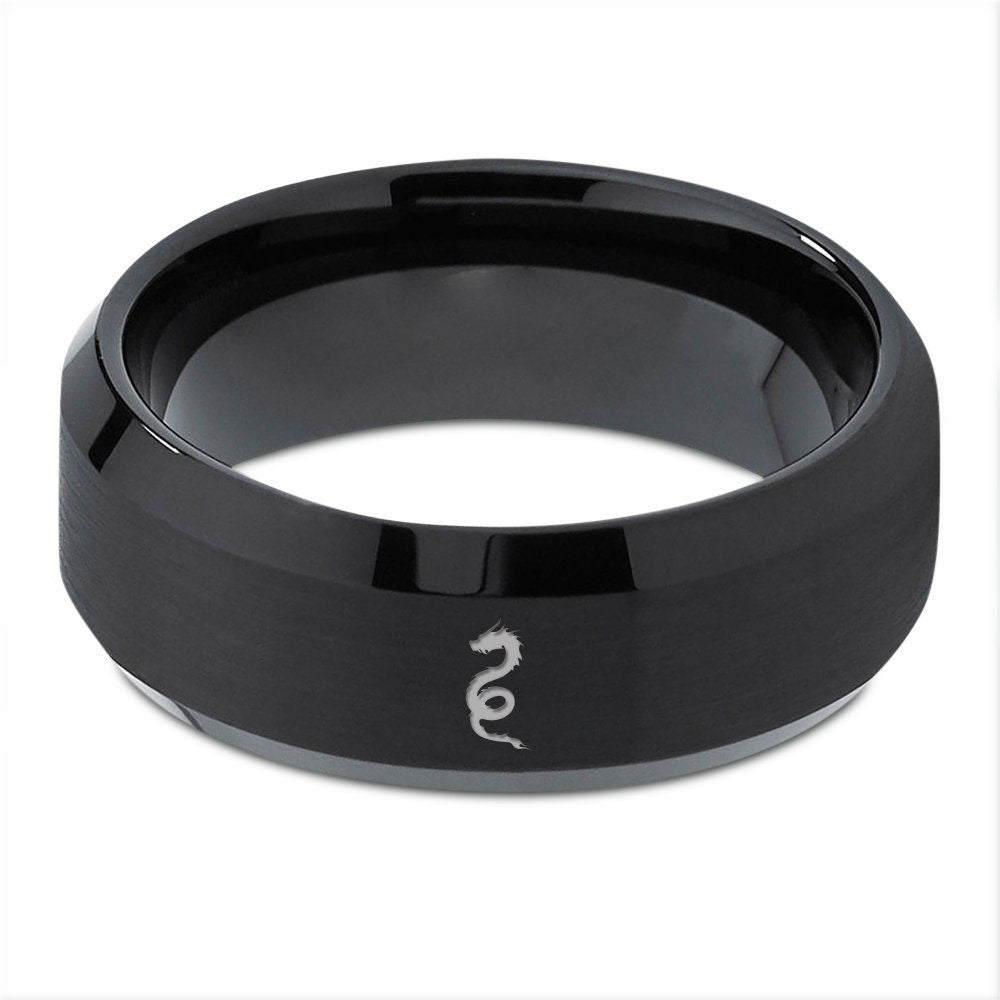 Dragon Wedding Band Black - Dragon Tungsten Band - Black Rings For Women - Laser Engraved Ring - Anniversary Gift For Her - Romantic Gifts