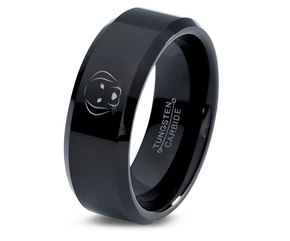 Cute Pet Puppy Dog Ring | Bevel Black Tungsten Ring | Gifts For Dog Lover | Mens Polished Wedding Band | Engraved Pet Ring | Matching Ring
