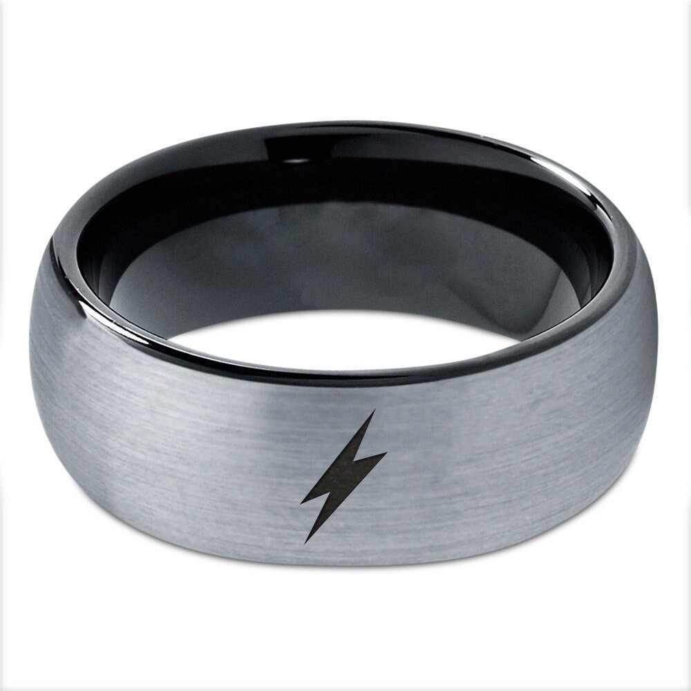 Silver Engraved Lightning Bolt Ring, Engagement Gifts For Couple, Tungsten Black Rings For Men, Best Gifts For Her, Gift For Boyfriend
