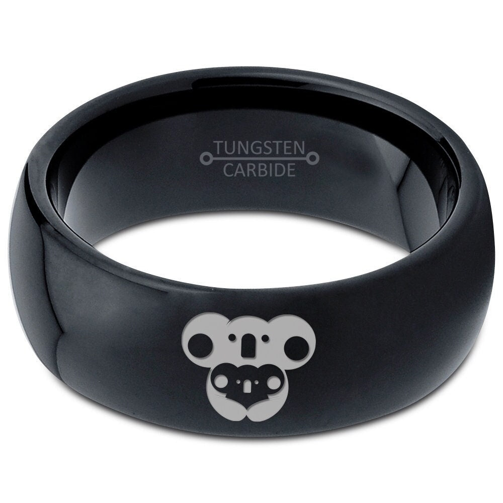 Laser Engraved Engraved Koala Cub Ring | One and Only Tungsten Band | Dome Polished Black Ring | Guys Engagement Rings | His and Her Ring