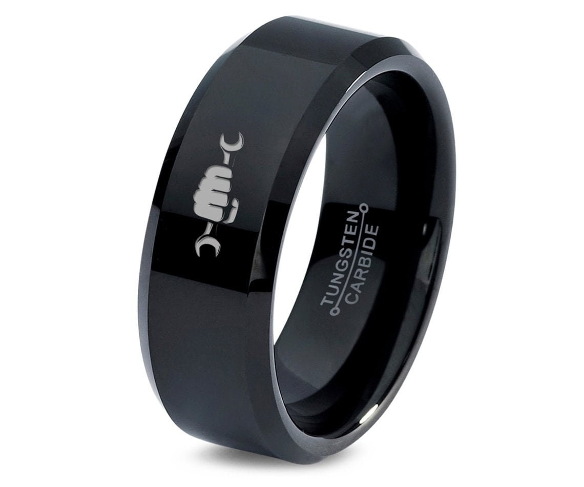 Mechanic Wedding Ring | Open Wrench Ring | Mens Tungsten Carbide Ring | Laser Marking Ring | Black Promise Ring | Anniversary Gifts