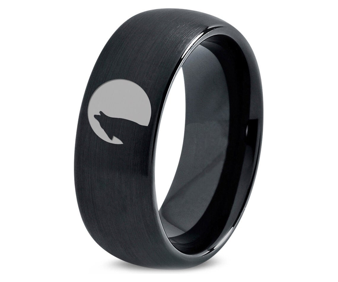 Engraved Moon With Wolf Howling Ring - Brushed Dome Wedding Band Black - Fancy Tungsten Ring - Mens Black Rings - Matching Rings For Couples