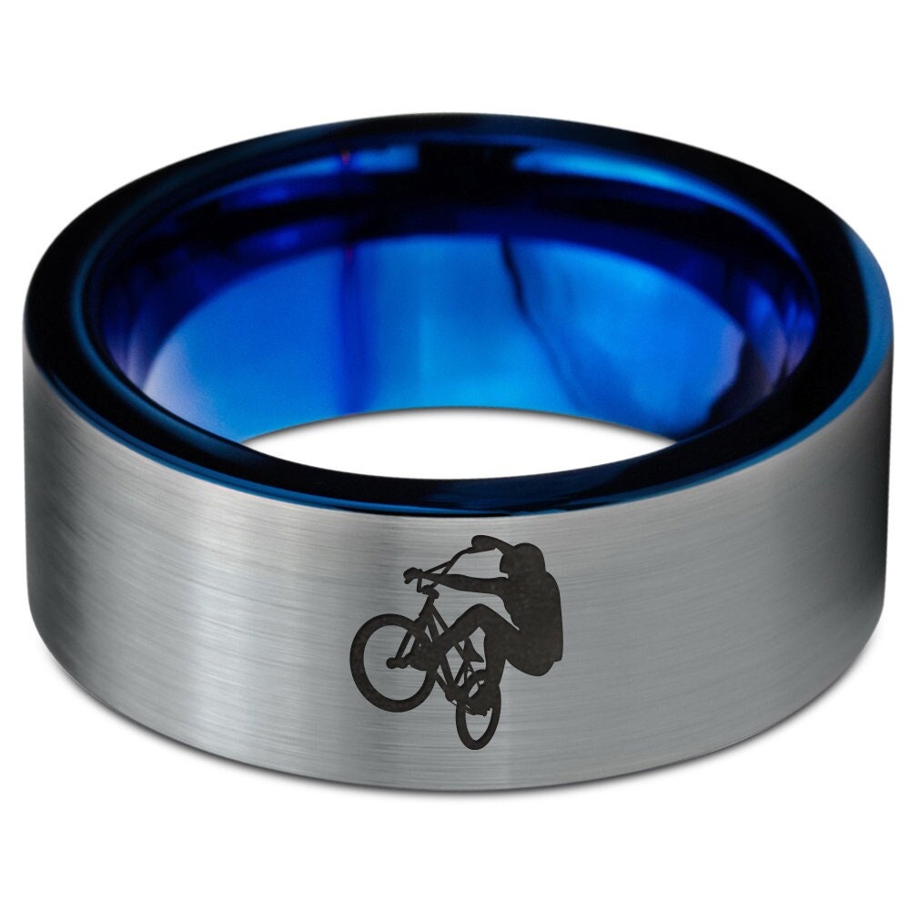 Men Bicycle Rider Ring,Jumping Bike Ring,Blue Ring,Wedding Band,Tungsten Engrave Rings For Men,Silver Wedding Band,Round Engagement Ring