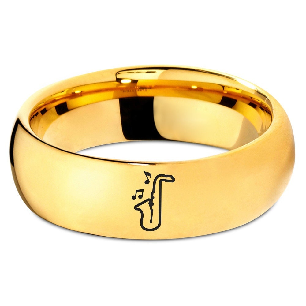 Saxophone Music Ring | Yellow Gold Plated Wedding Band | Tungsten Wedding Ring | Couple Promise Ring | Gift For Musician | Free Shipping