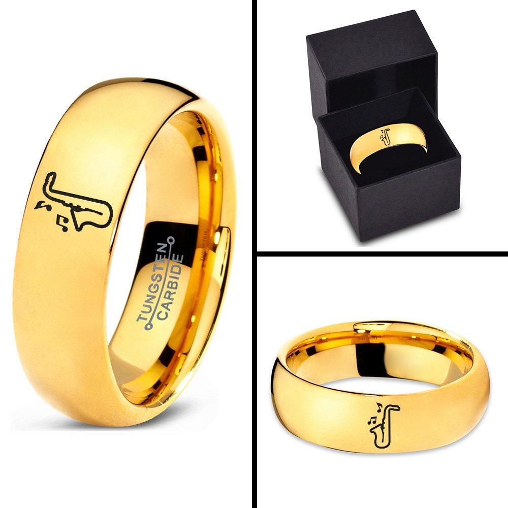 Saxophone Music Ring | Yellow Gold Plated Wedding Band | Tungsten Wedding Ring | Couple Promise Ring | Gift For Musician | Free Shipping