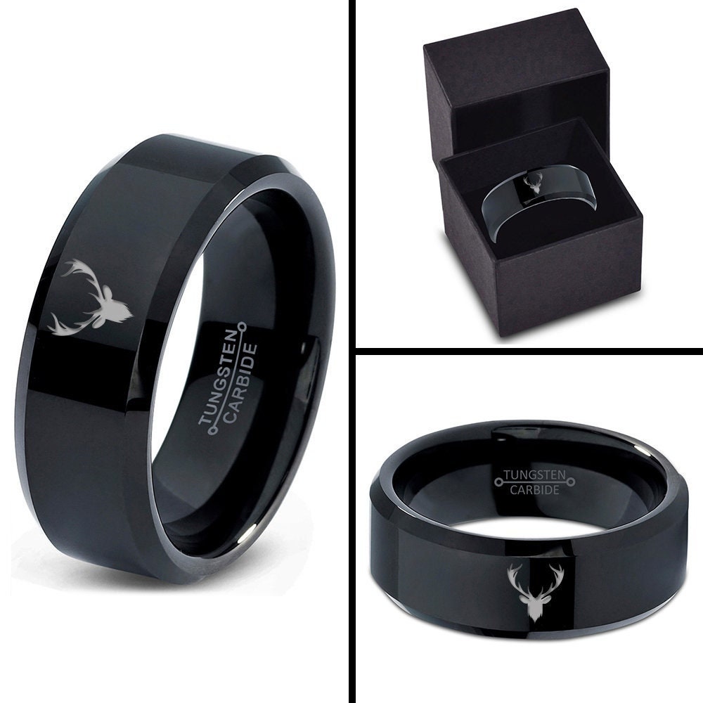 Deer Stag Buck Ring,Animal Horns Ring,Black Wedding Bands,Mens Rings Tungsten,Bevel Polished Ring,Unisex Ring,Guys Rings Engagement