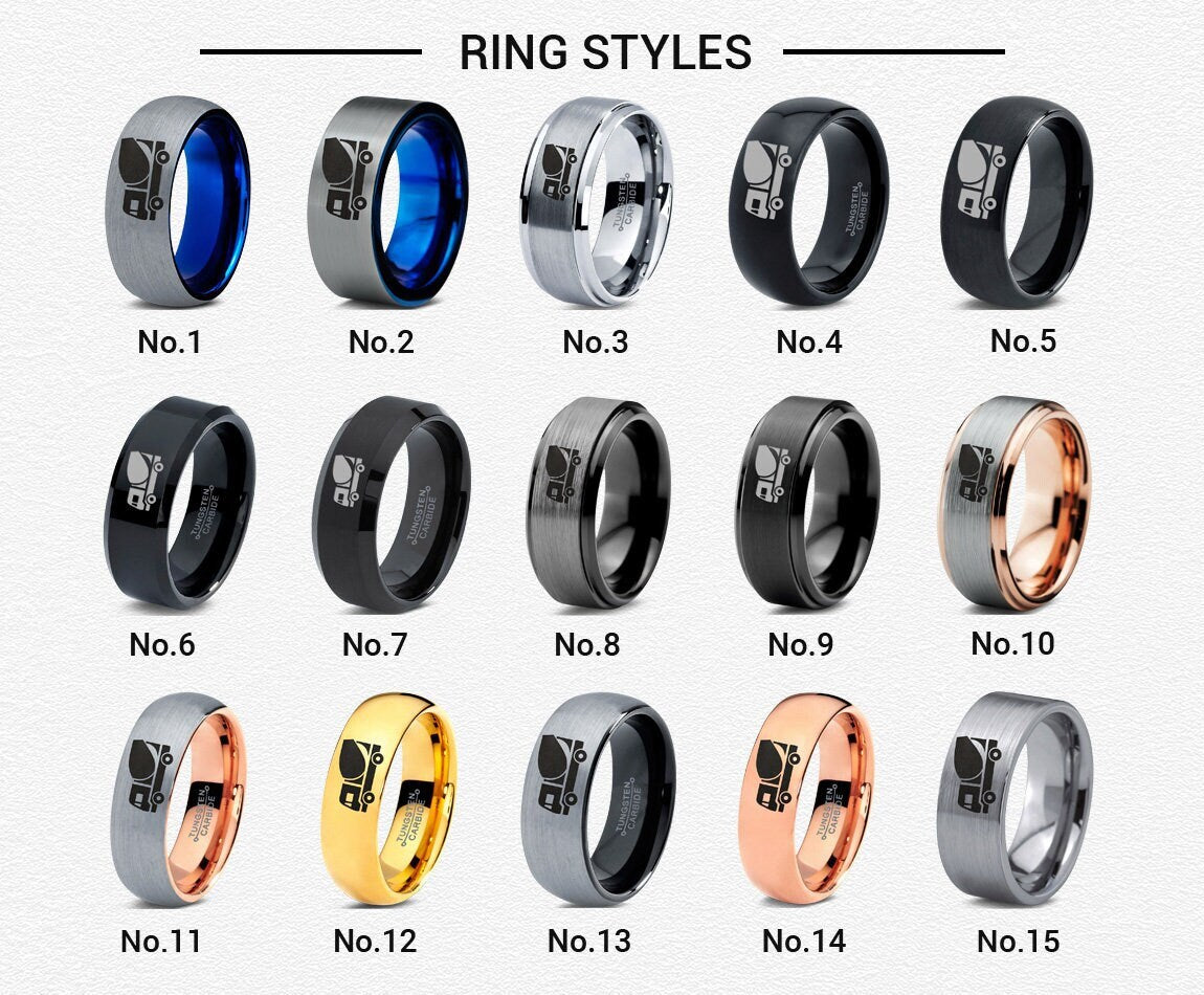 Concrete Mixer Truck Ring, Heavy Equipment Ring, Mens Wedding Band Set, Tungsten Ring Men Black, Laser Engraved Ring, Adjuster Comfort Ring