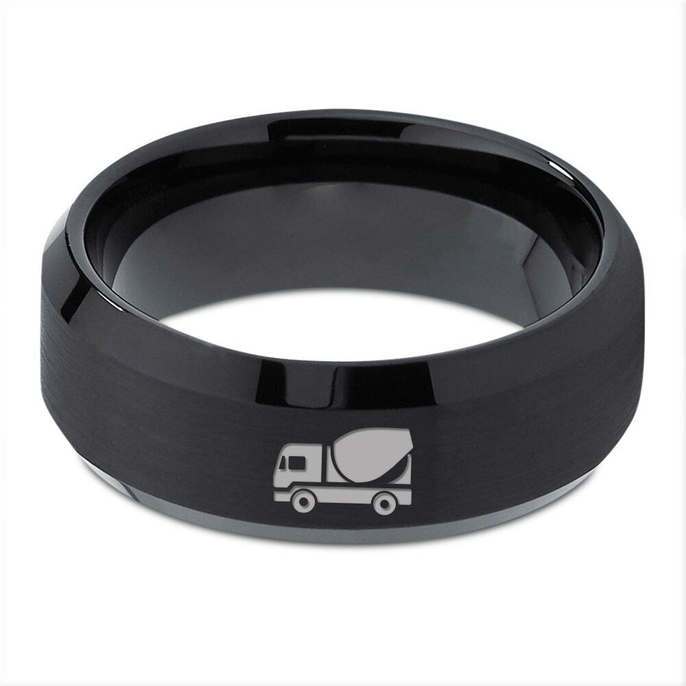 Concrete Mixer Truck Ring, Heavy Equipment Ring, Mens Wedding Band Set, Tungsten Ring Men Black, Laser Engraved Ring, Adjuster Comfort Ring