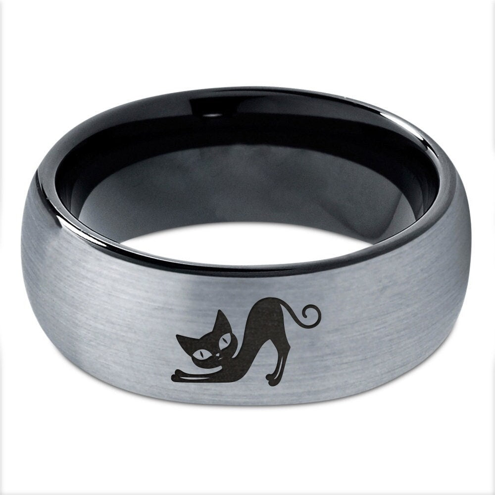 Pet Memorial Ring - Relaxing Cat Ring - Black Wedding Rings Set - His and Hers Rings - Grey Tungsten Ring - Best Gift For Pet Lover - 8mm