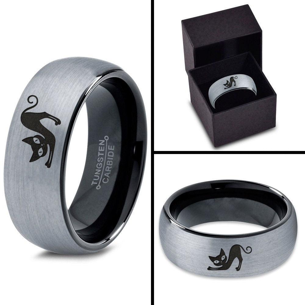 Pet Memorial Ring - Relaxing Cat Ring - Black Wedding Rings Set - His and Hers Rings - Grey Tungsten Ring - Best Gift For Pet Lover - 8mm