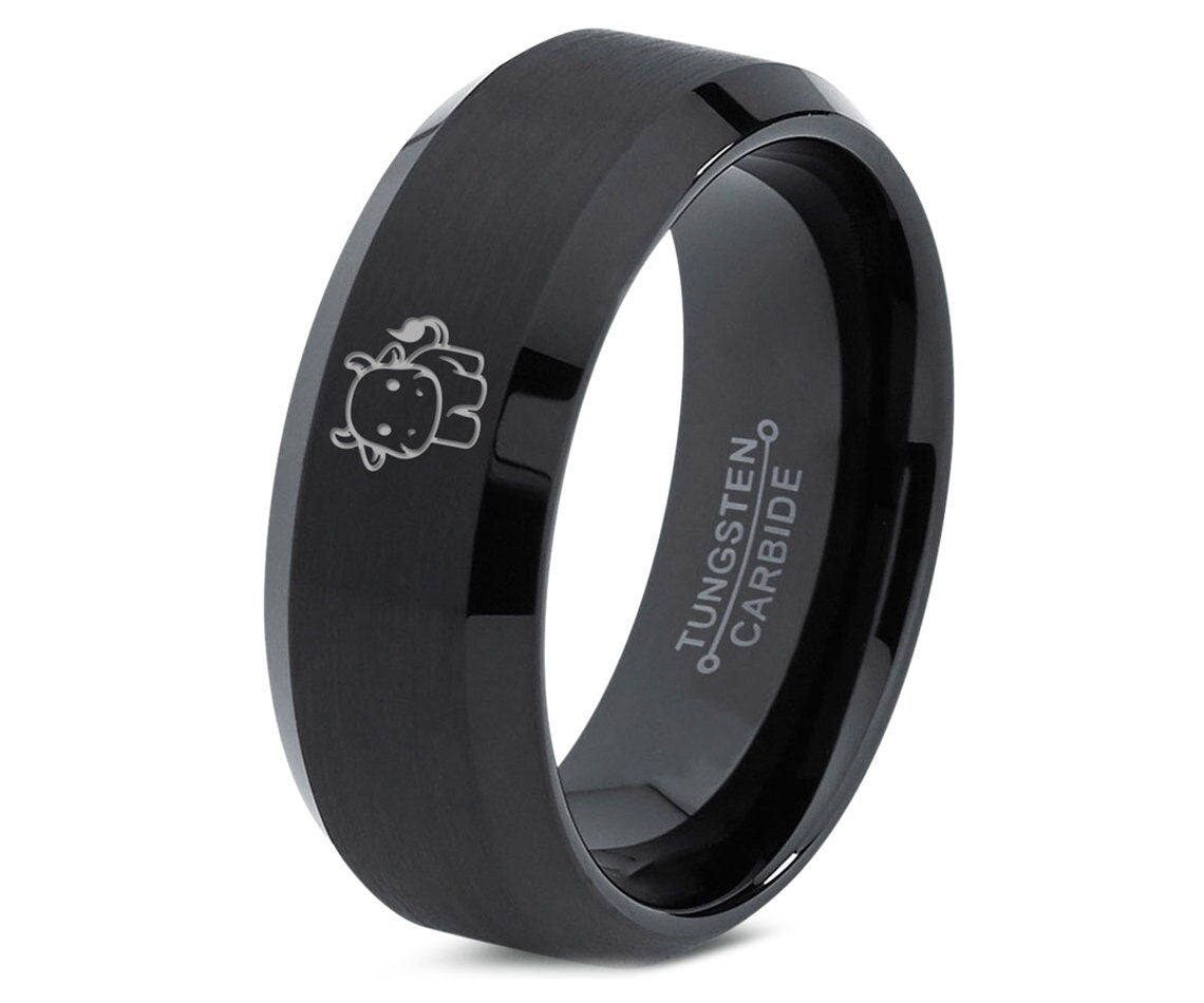 Cow Calf Ring,Mens Wedding Bands,Matching Rings For Couples, Brushed Tungsten Ring,Women Bevel Black Ring,His and Her Ring,Free Shipping
