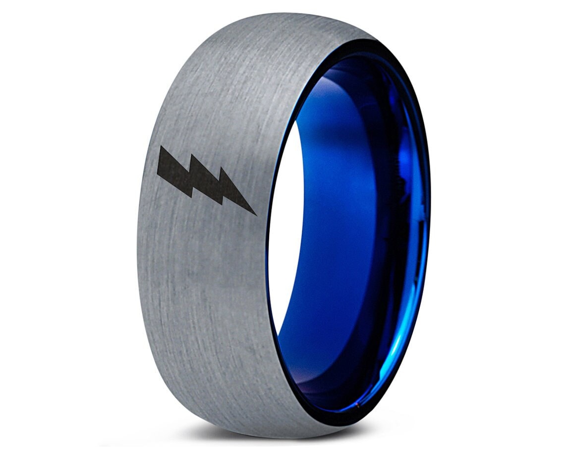 Thunder Lighting Bolt Ring | Dome Brushed Comfort Fit Wedding Ring | Silver Blue Ring | Engagement Band | Family Ring | Custom Jewelry