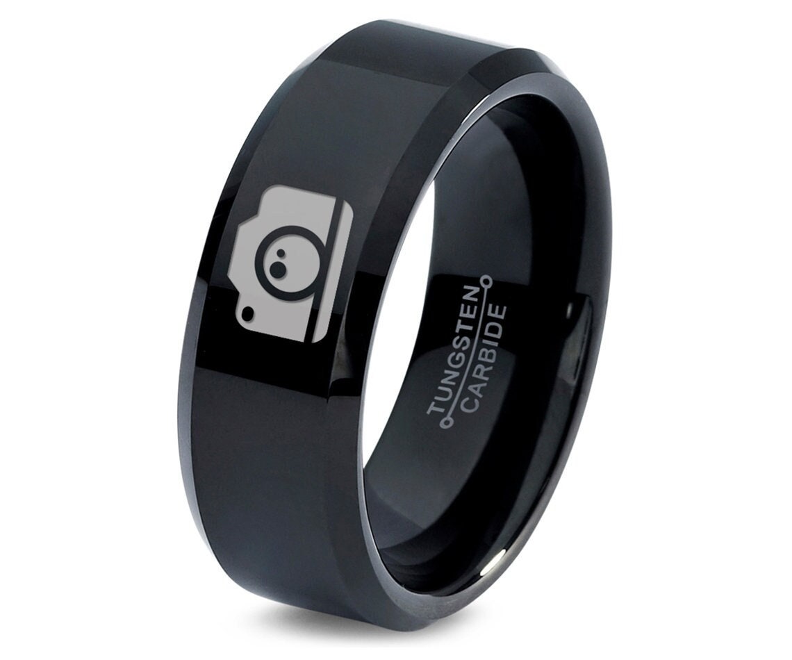 DSLR Camera Ring - Capture Life Ring - Polished Wedding Rings - Him and Her Ring - Bevel Black Tungsten Ring - Photography Gifts - 8mm Ring
