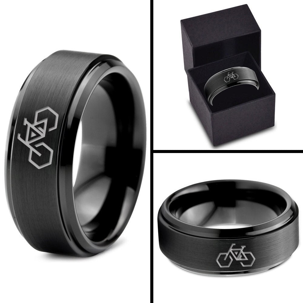 Hexagon Triangle Bicycle Ring - Cyclist Rings - Mens Tungsten Wedding Band Black - Minimalist Ring - Handmade Ring - Black Engraved Ring