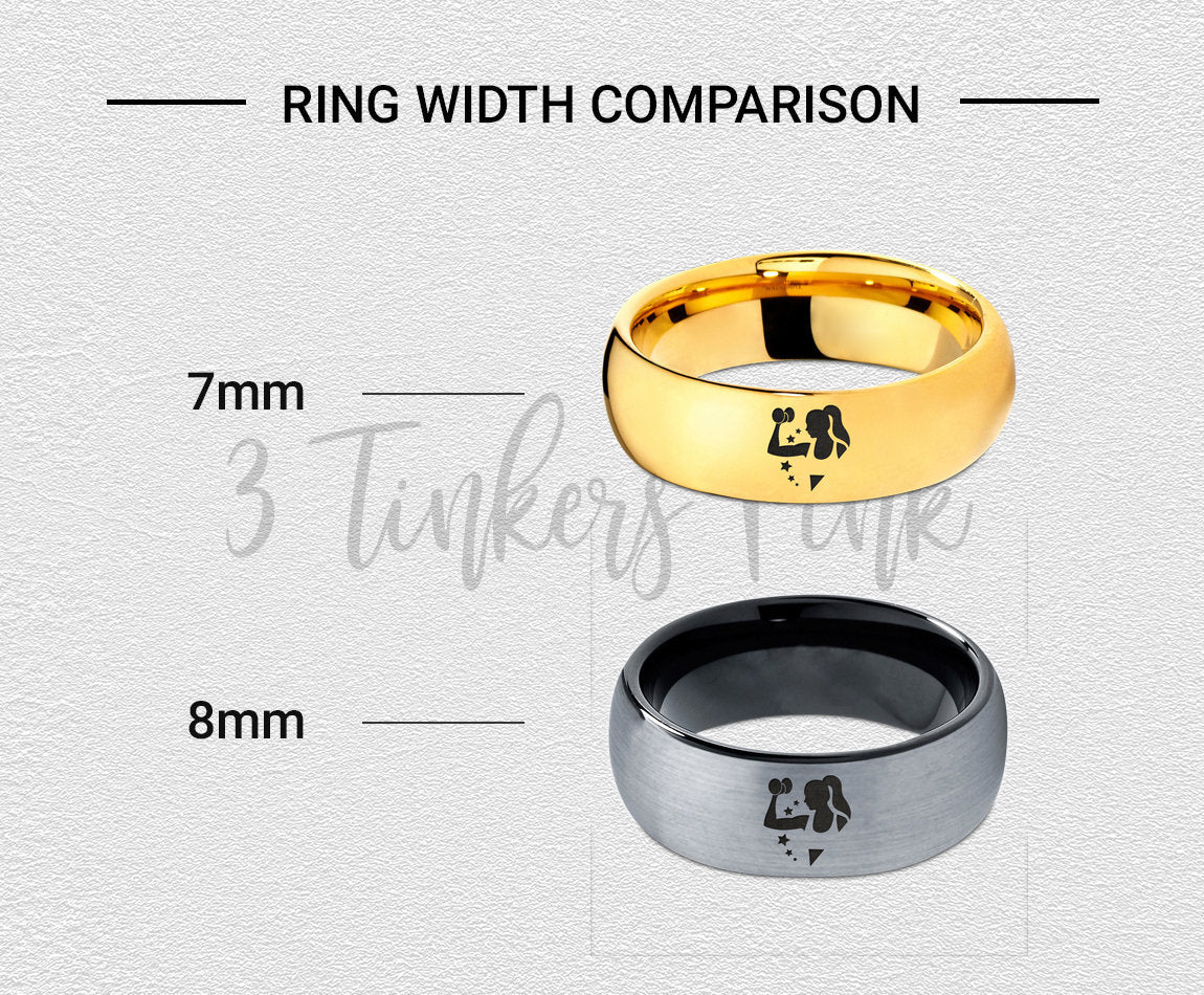 Women Workout Ring, Bigger Arm Ring, Personalized Band, Mens Dome Ring, Black Tungsten Band, Engraved Ring, His and Hers, Matching Ring
