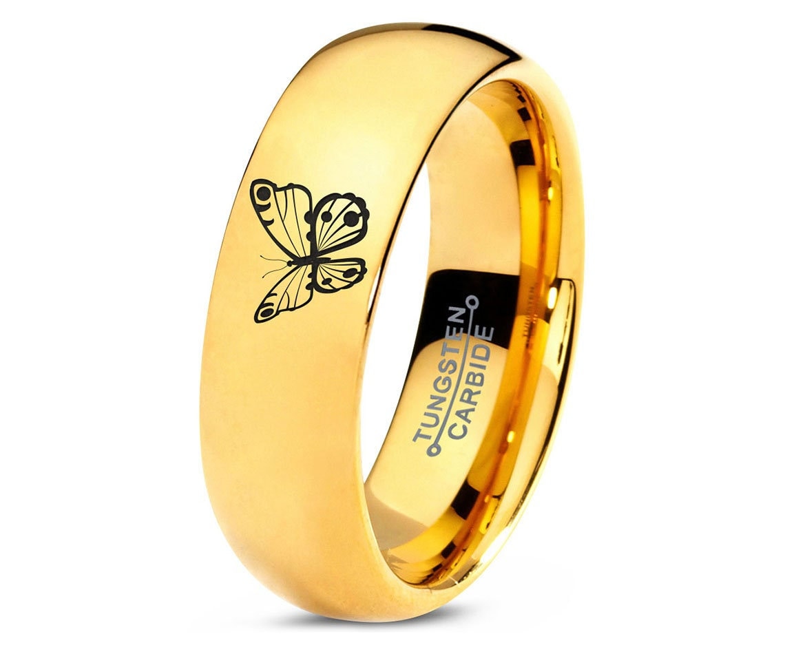 Engraved Insect Butterfly Ring, Solid Gold Wedding Bands For Women, Tungsten Ring Mens, 7mm Ring, Promise Rings, Gold Engagement Ring Set