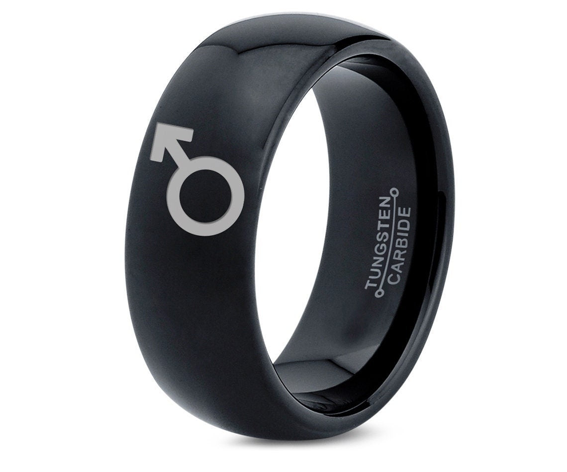 Male Symbol Ring - Mens Wedding Band Dome - Polished Tungsten Ring - Mars Ring - Gender Sign Ring - Personalized Ring - Engagement Ring