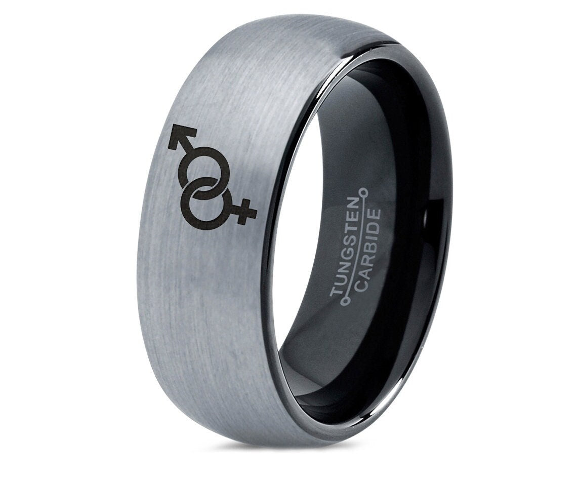 Heterosexual Symbol Ring,Mens Wedding Bands Black,Feminist Ring,Tungsten Carbide Rings Sets,Silver Grey Ring,Valentine Gift,His and Her