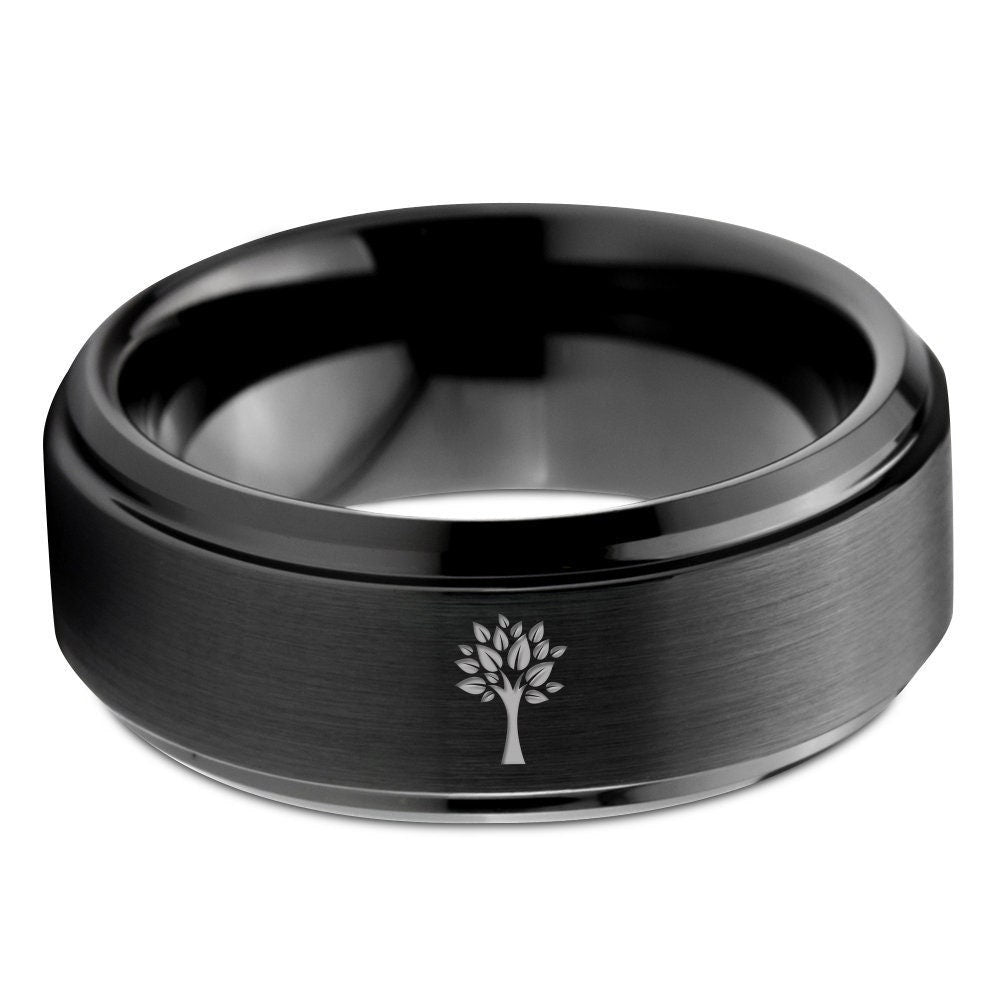 Black Wedding Ring, Engraved Tree Leaf Ring, Men Tungsten Carbide Ring, Ring For Women, Gifts For Dads, Simple Promise Ring, Engagement Ring