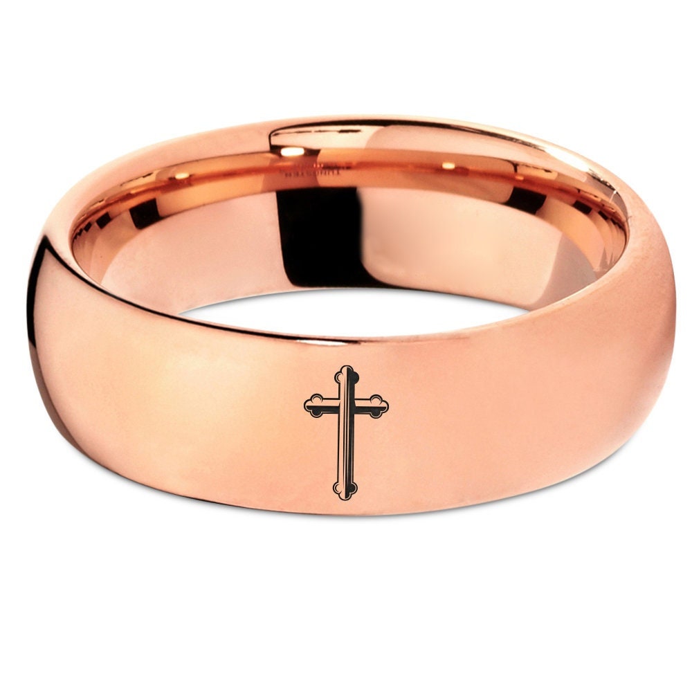 Christian Holy Sign Ring - Rose Gold Wedding Band - Rose Gold Tungsten Ring - Tungsten Rings For Men 8mm - Anniversary Gifts For Wife