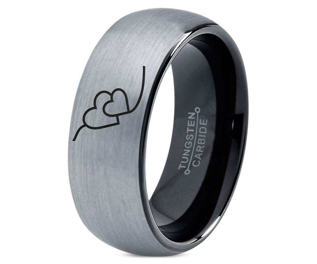 Couple Heart Love Ring - Men's Promise Ring - Mom Gifts - Gray Tungsten Ring - Dome Brushed Ring - Engagement Gifts - Valentine Day For Him