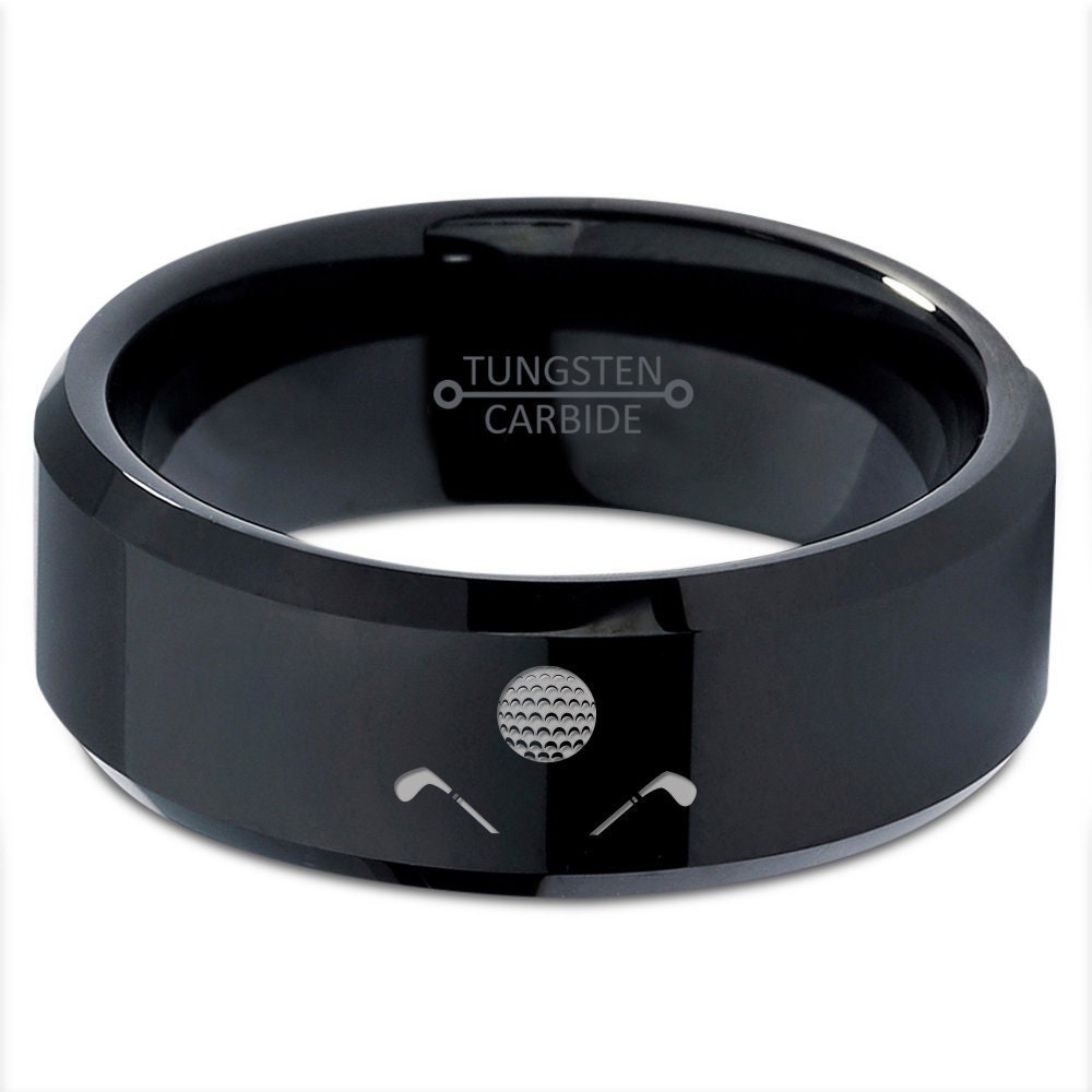 Golf Club Ball Ring, Mens Wedding Bands Black, Black Bevel Tungsten Ring, Valentine Gift, Gift For Men, Gifts For Women, Couple Gifts