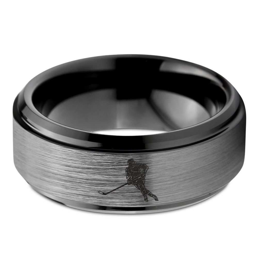 Mens Ice Hockey Ring, Hockey Player Ring, Tungsten Ring Black, Laser Engraved Ring, Engagement Ring For Women, Gifts For Her, Gifts For Him