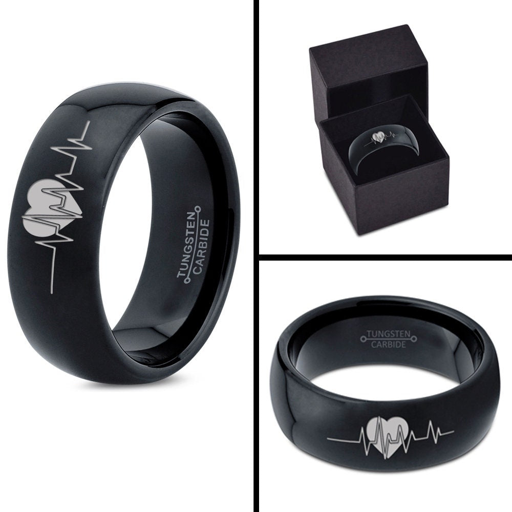 Custom Heart Name Rings, Man Black Ring, Personalized Couple Ring Set, Matching Ring Set, Anniversary Gift, Wedding Gifts, Date Ring
