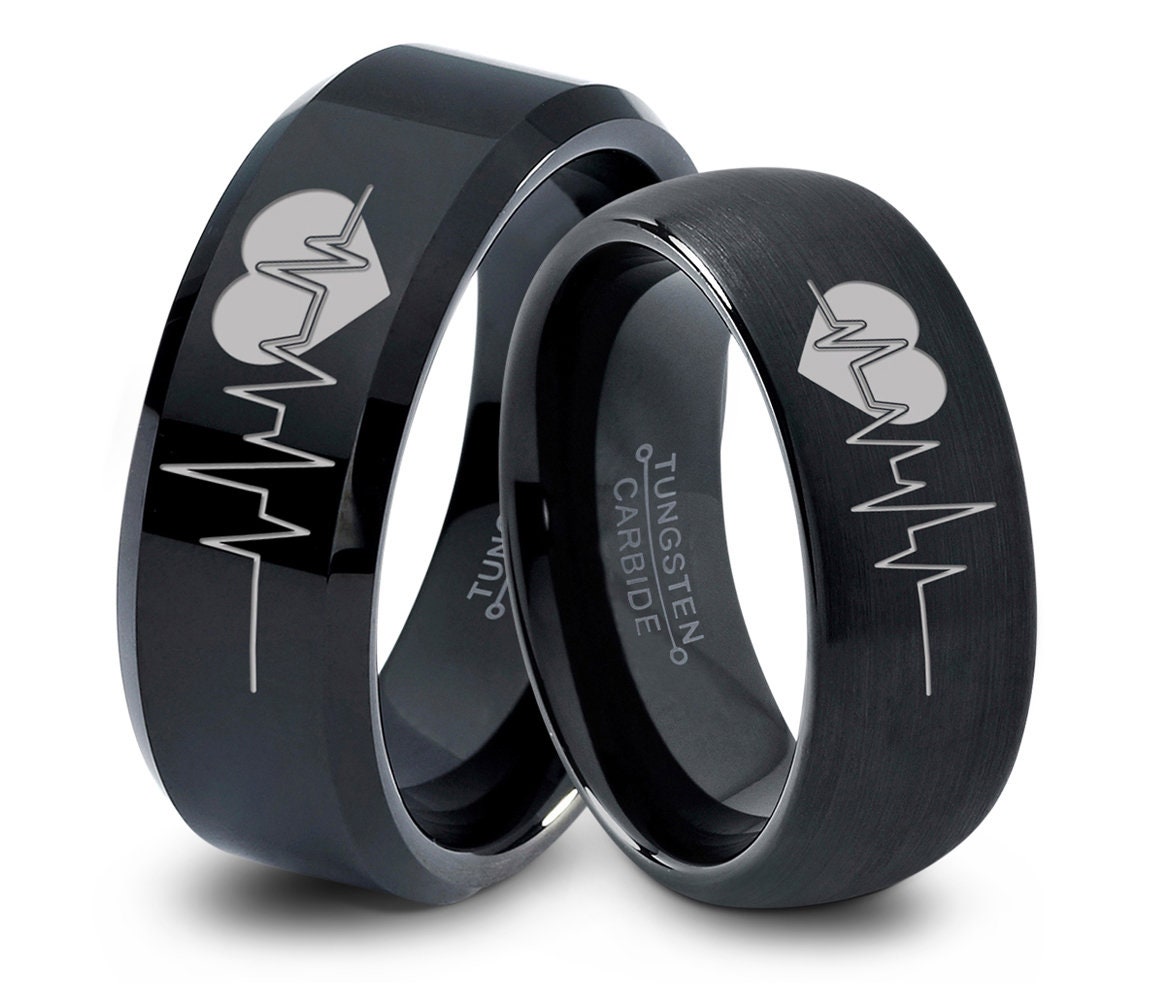 Matching Promise Ring For Couples with Heart Cardiogram, Tungsten Wedding Ring Set His and Hers Unique, Statement Ring, Mr and Mrs Gift