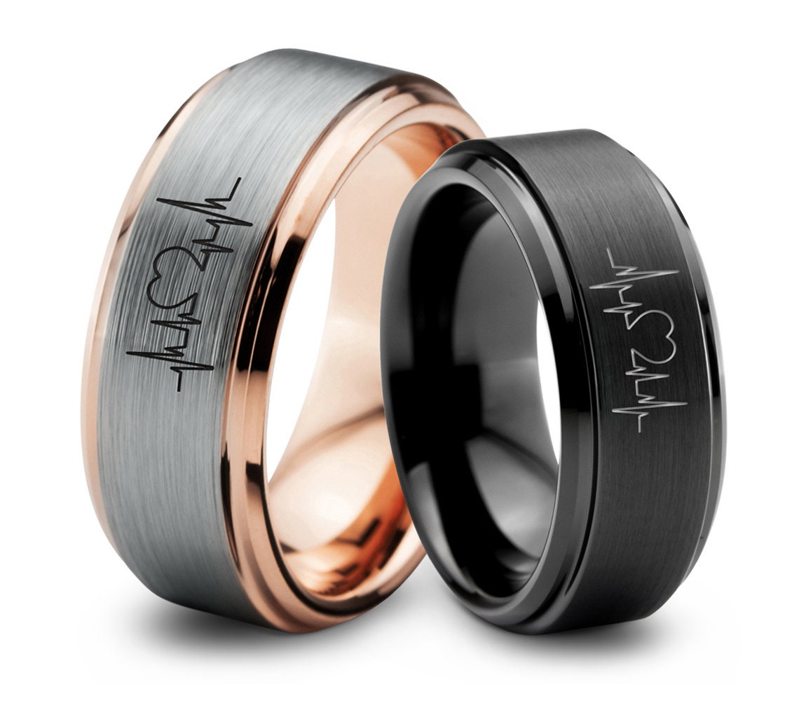 Electrocardiogram Signal Heartbeat Ring Sweetheart Couple's Ring Set Personalized His and Hers Rings Custom Wedding Band Engraved Ring