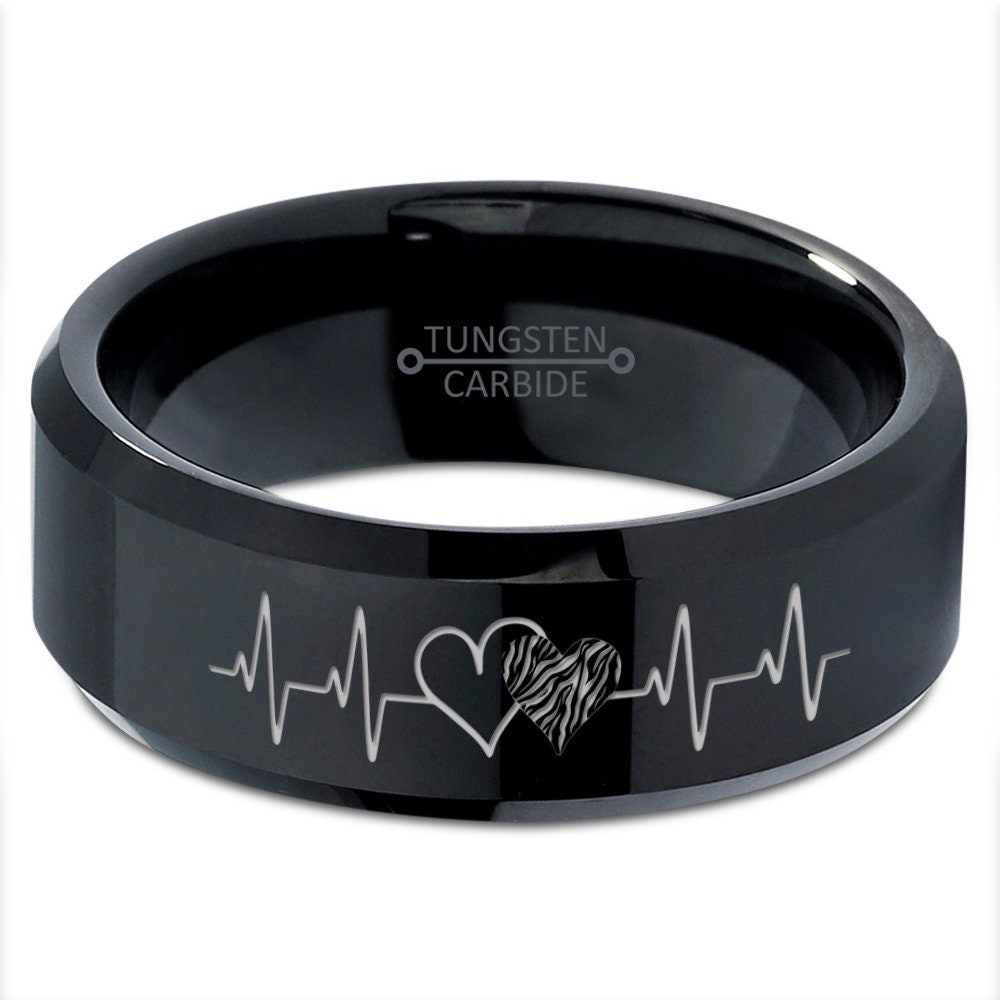 Heartbeat Wedding Ring For Women, Heartbeat Tungsten Ring, Personalized Wedding Band, Custom Anniversary Laser Engraved Name Ring