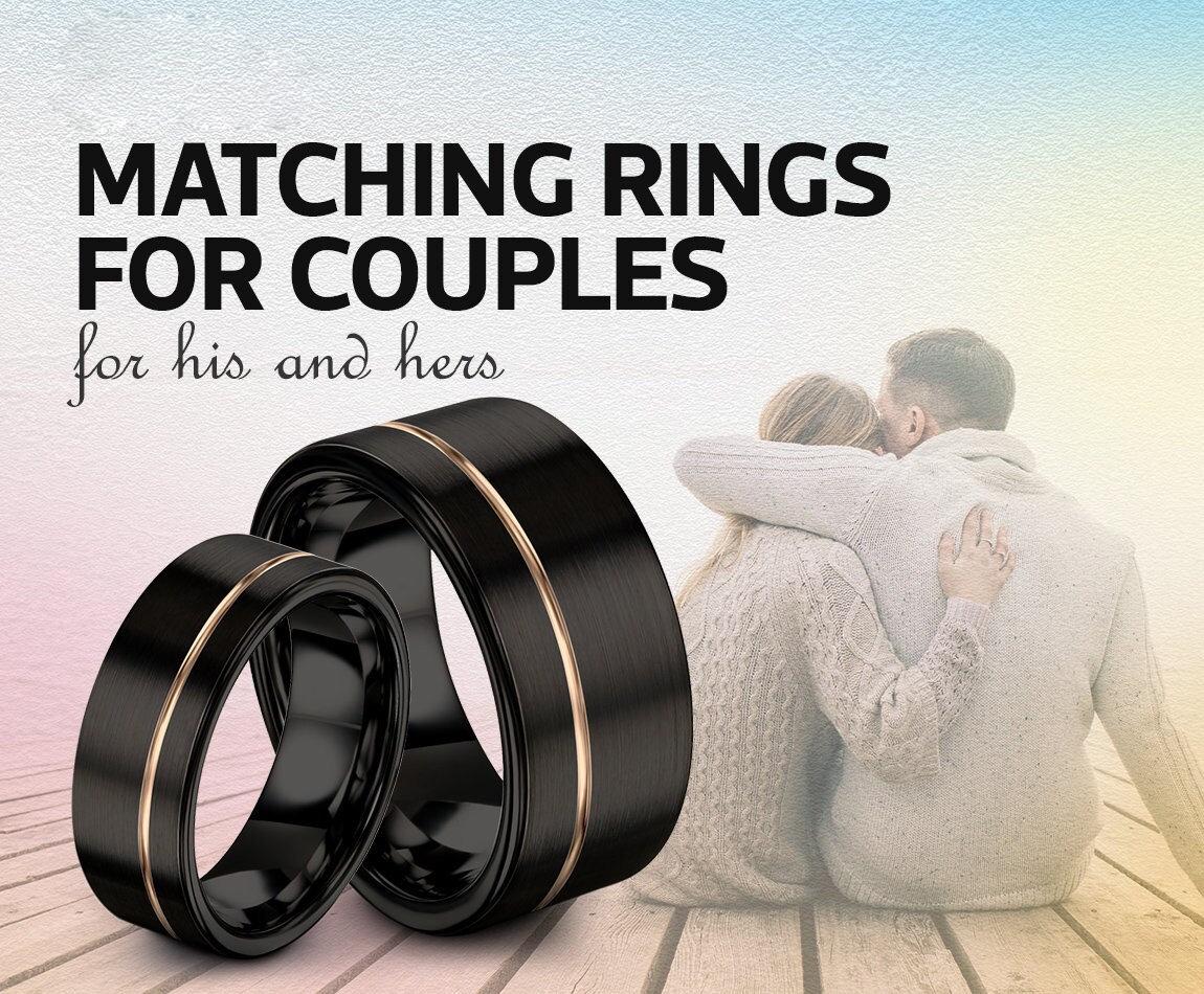 Black Engagement Ring, Flat Cut Wedding Ring Sets His And Hers, Offset Engraved Rose Gold Ring, Christmas Gifts Idea, Gifts For Him Unique